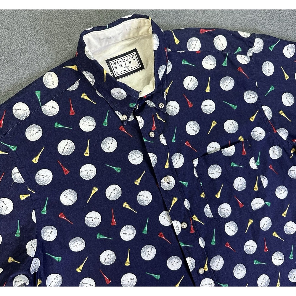 Windsor Shirt Mens Medium Navy Blue Golf Ball Tee All Over Print Vintage USA